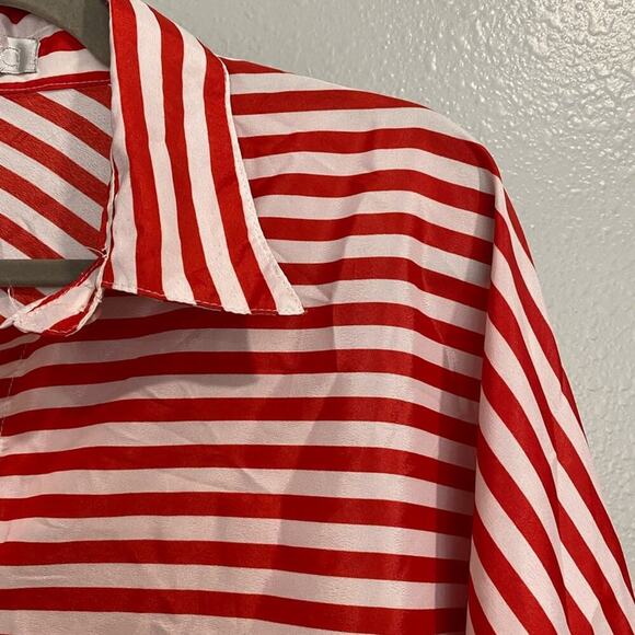 Toska Red White Striped Chiffon Button Down Blouse Sz L - Picture 2 of 11